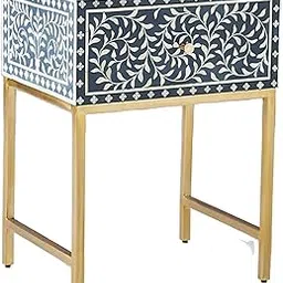 ukindianfurniture Bone Inlay Bedside Table – Handmade Blue & White Floral Design with Gold Metal Base – Elegant Nightstand with Drawer-image-2