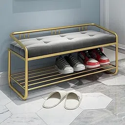 FLIPSSHOPPEE Ottoman Bench, Velvet-Covered Wrought Iron Shoe Rack Space-Saving, Metal Ottoman Rack with Cushioned Seat for Entryway, Bedroom, Closet, and Living Room [Gray]-picture-32