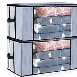 SH NASIMA MANUFACTURES Foldable Breathable Non Woven Material Closet Organization with Clear Window Organizer (Grey, Jumbo Size) - Pack of 2, Rectangular (2, Grey) image 1