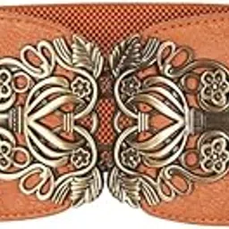Women’s PU Leather Cinch Belt with Vintage Floral Metal Buckle Waist Belt, Stretchable Waistband for Dresses and Sarees-image-0