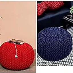 FR Creations Cotton Pouf Puffy for Living Room Sitting Round Ottoman Bean Filled Stool for Foot Rest - Hand Knitted Cable Style Dori Pouf (Red & Blue 35x35x50 Inches)-Pack of 2-picture-26