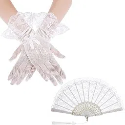 White Lace Gloves and Fan Set, Tea Party Accessories for Women, Elegant Lace Gloves for Vintage Events, Bridal Accessories, Cosplay, White image 1