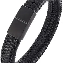 tripin Black Leather Bracelet for Men, Magnetic Clasp, Braided Design, Fashion Accessory-picture-37