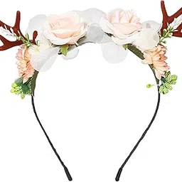 radhu & kabby Reindeer Christmas Headband for Women | Red Antler Hairband | Festive Holiday Hair Accessories with Peach, Berries, Leaves, & Glitter Balls | Xmas Party Accessory-picture-27