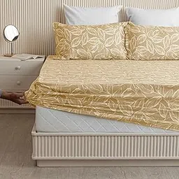 HOMEMONDE Cotton Fitted Sheet Leaf Printed King Size Elastic Fitted Bedsheet with 2 Pillow Covers Wrinkle Free Noiseless Bed Sheets - (84 X 78 Inches, Golden) image 1