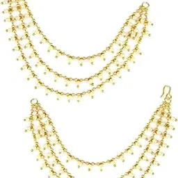 PRIVIU Golden Ear Chain 3 Layer Long Design Kanchain Latest Champaswaralu Ear Chain For Hair for Heavy Jhumka Traditional Earrings For Women & Girls-picture-12