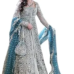 the ethnic attire Women's Butterfly Mono Net Gown Chain Stich Work with Dupatta for Specials Occasion (Full Stitched - Free Size) Grey-picture-12