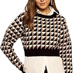 Women Geometrical Printed Round Neck Drop-Shoulder Sleeves Acrylic Straight Hem Knitted Crop Sweater-image-91