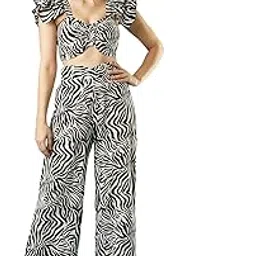 globus Women Black & White Animal Printed Sweetheart Neck Crop Top & Wide Leg Trouser Co-Ord Set-picture-31