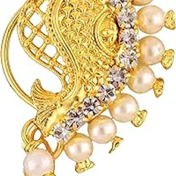 vfj vighnaharta fashion jewellery Vighnaharta Gold Plated Mayur Design with Pearl and Artificial stone Alloy Maharashtrian Cultural Nath Nathiya./ Nose Pin for women VFJ1214NTH-Press-picture-29
