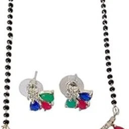 Elegant Mangalsutra Set with Multicolor Stones, Black Beaded Chain, Traditional Indian Wedding Jewelry, Necklace and Earrings-picture-19