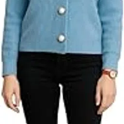 bazriya Women's Light Blue V-Neck Cardigan Sweater with Pearl Buttons, Long Sleeve Ribbed Knit, Casual Style 36 Size-picture-21