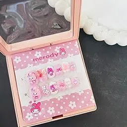 Kids Press on Nails (Pack of 12 nails) Kuromi Charms Artificial Nails for Girls Kuromi Kitty Presson nails Gift for Girls Short Fake Nails (white)-picture-46