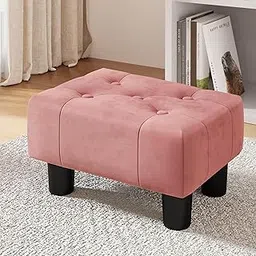LUE BONA Small Foot Stool Ottoman, Velvet Tufted Footrest with Plastic Legs, 9''H, Rectangle Foot Stools for Adult with Non-Slip Pads, Footstool for Living Room,Couch, Pink-image-3
