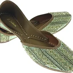 fulkari Women Cimicifuga Pista Gold Genuine Soft Leather Embroidered Jutis | Bite and Pinch Free Jutti | Punjabi Formal Juttis | Girl's Wedding Flat Ladies Mojari | Formal Ethnic Juti |-picture-48