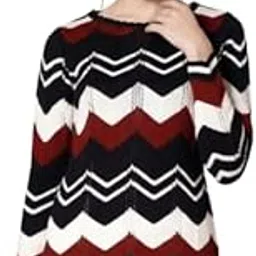 Women's Chevron Pattern Knit Sweater, Round Neck, Black White Red, Long Sleeve, Winter Casual Pullover-picture-14