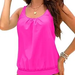 Womens Blouson Tankini Top No Bottom Loose Fit Swim Top Modest Tank Top, Pink, Large-image-57