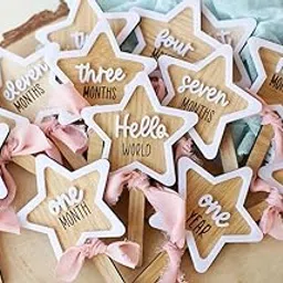Haoser Set of 13 Wooden Baby Milestone Disc Set with Stick | Hello World to One Year | Star-Shaped Monthly Milestone Cards | 6 Inch Height | Baby Shower Gift | Newborn Photo Prop-picture-11