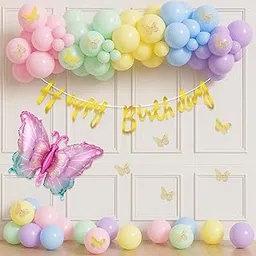 Rozi Decoration Butterfly Theme Birthday Decoration Items Set of 66 Pcs Contains Banner, Foil Balloons & Pastel Latex Balloons with Butterfly Wall Sticker-picture-62