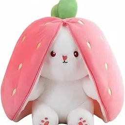 SPARKNEST Strawberry Bunny Soft Toy – 30 cm Reversible Plush Rabbit with Smooth Zipper | Pink & White Cute Stuffed Animal – Ideal Gift for Kids (2-5 yrs), Girlfriend, Birthday & Nursery-image-2