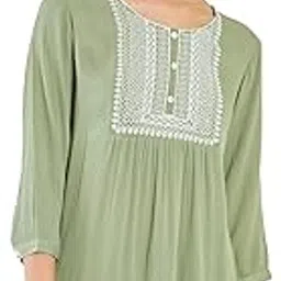 Women Green Cotton Embroidered Tunic-image-17