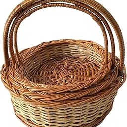 INDIANA CRAFTS Round handle cane bamboo basket for multipurpose uses natural brown wicker for hamper chocolate flower pooja cane basket. Set of 3 baskets. Size 9 inch, 8 inch, 7 inch-picture-37