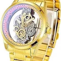 aha crafty Luxury Golden Skeleton Automatic Mechanical Watch for Men | Transparent Gear Dial | Stainless Steel Strap | Stylish Analog Wrist Watch for Formal & Casual Wear-picture-30