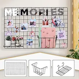 WALLZY Steel Photo Collage Grid DIY Mesh Frame, Storage Organiser Basket and Display Tray | Metal Hanging Aesthetic Moments Photo Wall Decor Art Kit (Grid Frame, Basket and Tray)-picture-23