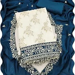 peachmode Women's Sequins Embroidered Vichitra Silk Unstitched Dress Material | Stylish Ethnic Casual Wear Ladies Latest 3 Piece Kurti Pant Dupatta Fabric Salwar Suit Sets for Women Free Size-picture-10