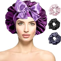Attune� Satin Silk Bonnet for Hair with 3 Premium Scrunchies, Adjustable Cap with Ribbon Tie Band for All Hair Type, Satin Hair Wrap for Sleeping(Purple)-picture-14