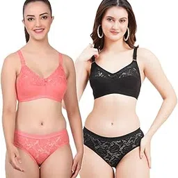 layeba Women's Full Coverage Lace Lingerie Set, Non-Padded Bra and Panty, Pack of 2, Coral and Black-picture-16