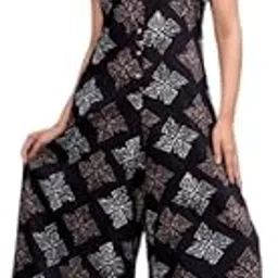 Women's Printed Jumpsuit, Black Cotton Wide Leg Palazzo Style, Sleeveless Button Front, Geometric Pattern-picture-22