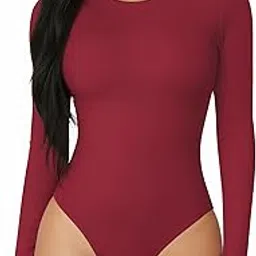 mangopop Women's Round Neck Short Sleeve/Long Sleeve Tops T Shirt Bodysuit (Long Sleeve (Deep Red), Large)-picture-19