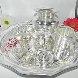 German Silver Pooja Plate Set, Silver White Pooja Set of 11 Pieces, Diameter 12 Inches, Height 2 Inches, Colour Silver-picture-28