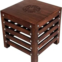 Wooden Bar Stool with Carved Design, Slatted Seat, Dark Brown Stool, Rustic Style Stool |-picture-34