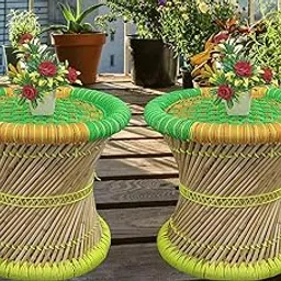 RCLV Pure Handmade Bamboo mudda Stool/Chair for Living Room/Office/Home/Indoor/Outdoor Garden with Round Shape with Combo Pack of-2-image-97