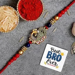 eCraftIndia Red & Blue Peacock Designer Rakhi, Best Bro Ever Fridge Magnet with Roli Chawal Pack - Rakhi for Brother, Bhaiya, Bhai-picture-12
