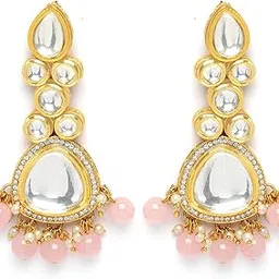 karatcart Gold Plated Pink Beads Polki Kundan Drop Earrings for Women-picture-29