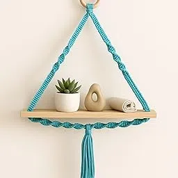 Homesake® Macrame Wall Hanging Shelf Woven Home Decor Wood Floating Storage Shelf Bohemian Handmade Cotton Rope,Living Room, Balcony, Garden, (71 L x 40 W Turquoise)-picture-33