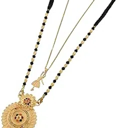 Women's Gold Plated Peacock Motif Mangalsutra with Enamel Work and Ballerina Pendant Layered Necklace Set, Traditional Indian Black Beaded Jewelry-MD-120-image-67
