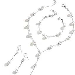 Latest Stylish Design Silver Plated Pearl Bracelet Earrings Necklace Jewellery Set for Women (15456s)-image-99