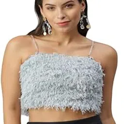 Bedazzle Women's Faux Fur Tube Top – Sleeveless Slim Fit Strapless Crop Top with Feather Trim | Trendy Party & Clubwear | Color Grey-picture-14
