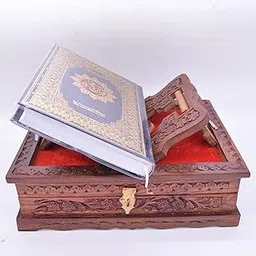 Santarms Holy Quran Book (in Arabic) with Wooden Quran Box for Reading | Ramadan Gifts Gift Hamper Set Handcrafted Fordable Book Box with Rehal Stand | Holy Book Holder with Rihal-picture-27