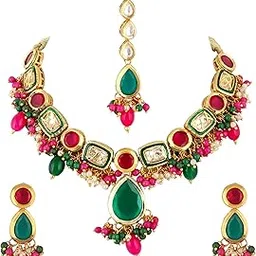 lucky jewellery Meenakari 18k Gold Plated Tika Earring Combo Uncut Big Faux Kundan Choker Necklace set-picture-23