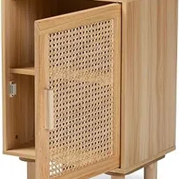 Rustic Rattan Wooden Bedside Table – Natural Cane Weave Nightstand with Storage Cabinet & Solid Wood Legs for Bedroom & Living Room-picture-40