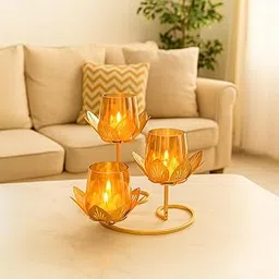 Market99 Golden 3 Lotus Votive Tea Light Holder Set | Crafted with Luster Glass in Floral Shapes, This Candle Holder adds Charm to Diwali Decor, setups, or Elegant Festive Gifting Arrangements.-picture-24
