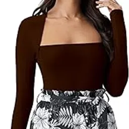 kvinner Slim Fit Casual Square Neck Long Sleeve Fitted Solid T Shirts Tops for Women's & Girl's (176_Orange_S)-picture-51