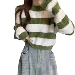 Women Striped Knitted Long Sleeve Crew Neck Regular Fit, Winter Wear,Soft Knit Pullover TOP T-Shirt DN59013-image-40