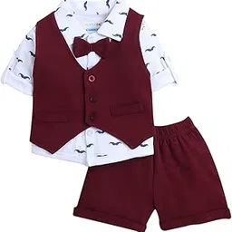 bumzee Maroon & White Boys Full Sleeves Shirt Waistcoat & Short Set With Applique Bow (Peb9293)-picture-29