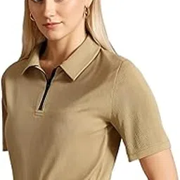 mack jonney Ribbed |Regular Fit | Half Sleeves 100% Cotton Polo Neck Self Design with Zip T-Shirt for Women-M950-picture-31